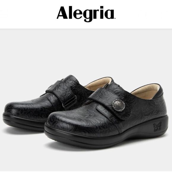 Alegria JOLEEN Black Tooled Floral Leather Slip On Adjustable Strap Support Clog - Picture 1 of 16